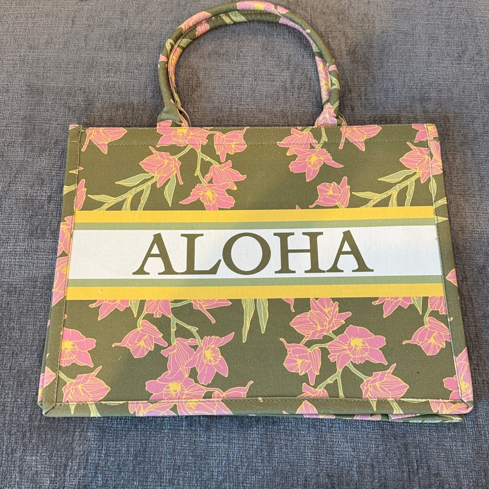 Kahulalea Aloha Canvas tote bag Floral GREEN PINK medium